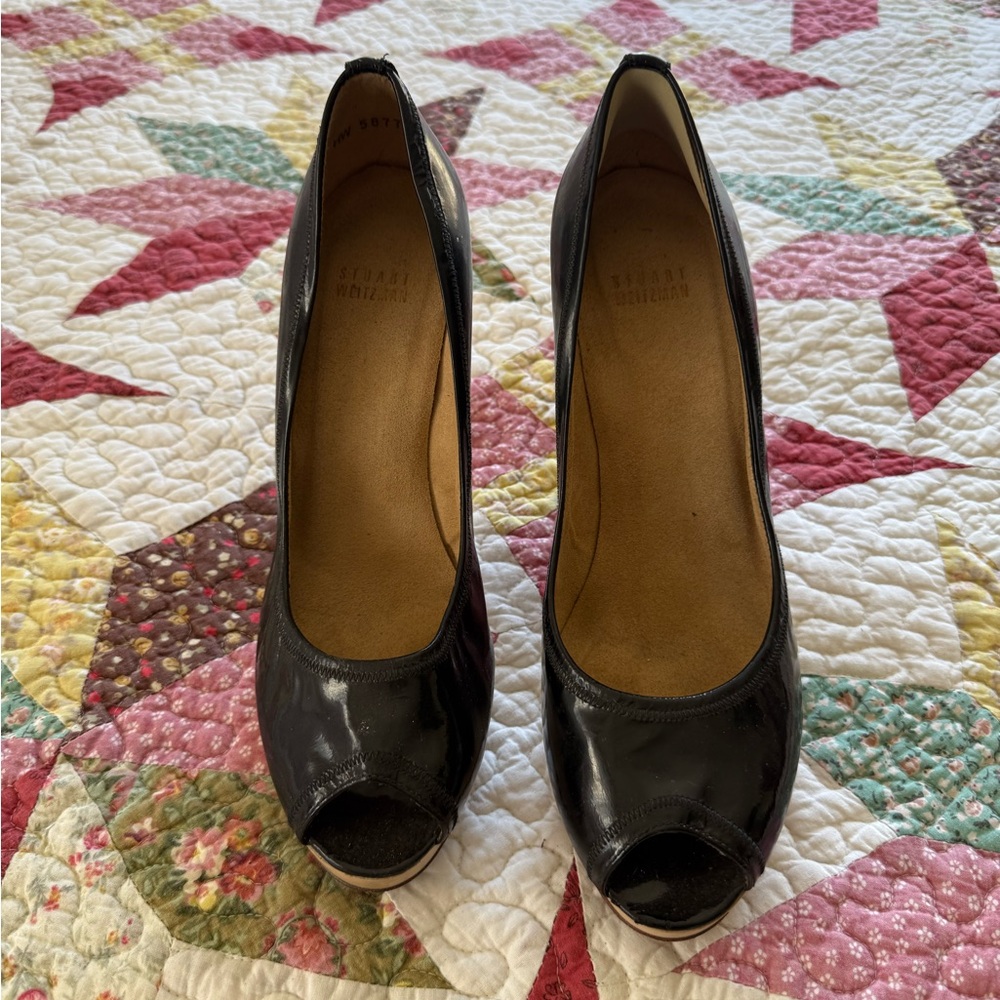 Stuart Weitzman black patient peep toe.